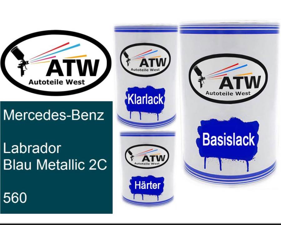 Mercedes-Benz, Labrador Blau Metallic 2C, 560: 500ml Lackdose + 500ml Klarlack + 250ml Härter - Set, von ATW Autoteile West.